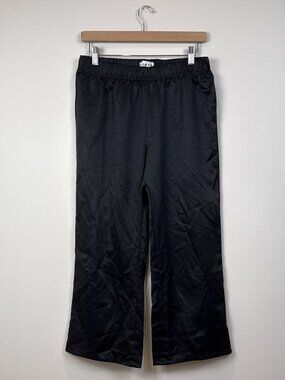 KIKIT Womens Black Satin Wide Leg Pants Elastic Waist Medium Pull On Trousers
